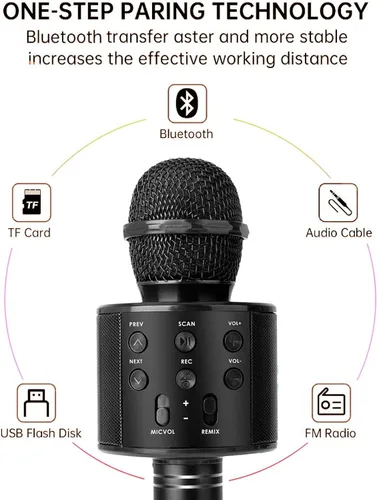 Vista 3 de Micrófono de karaoke inalámbrico Bluetooth Altavoz portátil de micrófono de mano 3 en 1 para todos los teléfonos inteligentes Regalos Negro