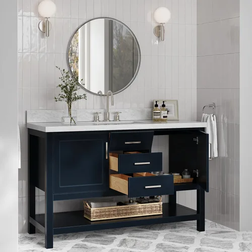 Vista 3 de ARIEL Bayhill - Tocador de baño con lavabo de 54 pulgadas, madera maciza, encimera de mármol italiano de Carrara de 1.5 pulgadas, fregadero Azul
