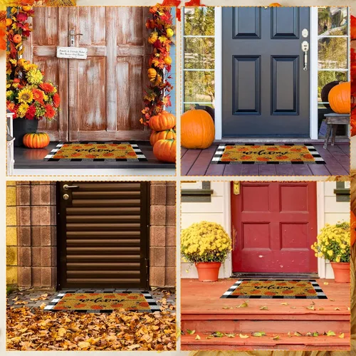 Vista 6 de Fabbay 2 tapetes de calabaza de otoño para puerta de Acción de Gracias, otoño, bienvenida, al aire libre, felpudo de calabaza en capas, alfombra a