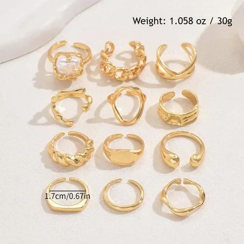 Vista 4 de Juego de anillos de nudillos apilables de oro grueso vintage, delicados, geométricos, cúpula, hippie, paquete de anillos abiertos para mujeres, punk