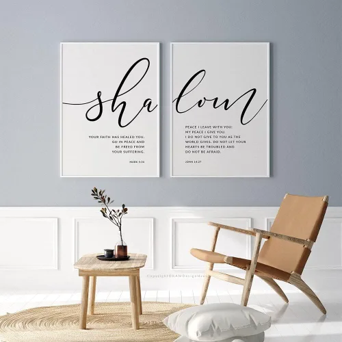 Vista 2 de NATVVA Póster de arte de pared con cita de versículo bíblico, impresiones en lienzo en blanco y negro Shalom, pintura cristiana, ilustración