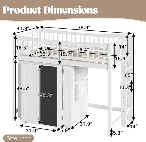 Vista 2 de SOFTSEA Twin Size Loft Bed with LED Lights & Storage Shelves, Antique White