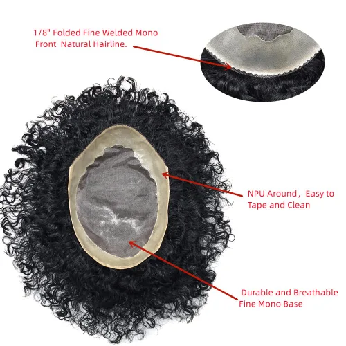 Vista 5 de Afro Curl Black Mens Toupee Afro Americano Unidades de Cabello para Hombres Negros Kinky Rizado Fino Mono Brasileño Cabello Humano Pelucas Hombres
