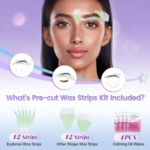 Vista 4 de Kit de depilación facial - 24 tiras de cera fría, 4 toallitas de aceite calmante para tipos de piel sensible, mujeres