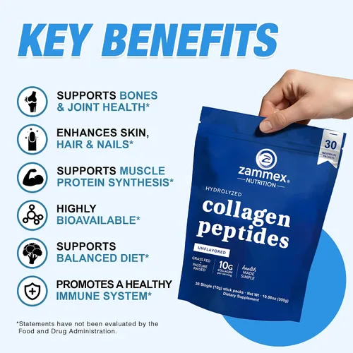 Vista 3 de Zammex Péptidos de colágeno alimentados con pasto tipo 1 y 3 sin sabor, proteína keto rica en péptidos para mezcla de café y bebidas, soporte