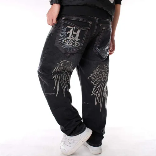 Vista 5 de LUOBANIU Pantalones de mezclilla holgados estilo hip hop vintage para hombre, pantalones de patineta de baile