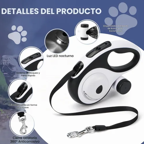Vista 3 de Correa retráctil doble para perros medianos (hasta 66 libras cada uno), correa de doble cabeza para mascotas con bolsas para excrementos y luz LED