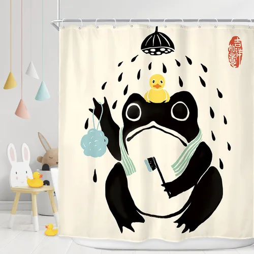 Vista 7 de Juego Divertido de Cortina de Rana Retro para Ducha, Juego de Baño 48x71 Pulgadas, Estilo Asiático Lindo, Arte Japonés Tradicional de Pato de Goma