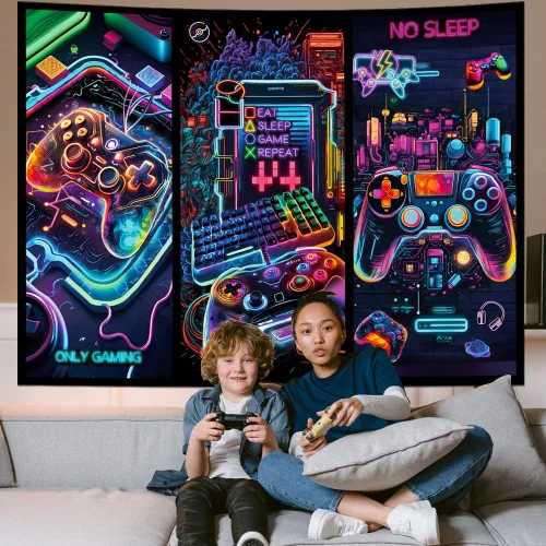 Vista 2 de Galoker Tapiz de luz negra para juegos, tapiz de controlador de juego de neón genial, tapiz reactivo a los rayos UV, tapices de pared para jugadores