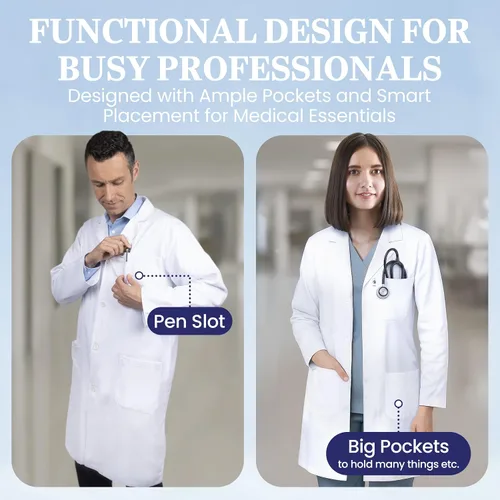 Vista 3 de DR Uniforms - Abrigo de laboratorio de algodón, unisex, color blanco, para estudiantes y médicos