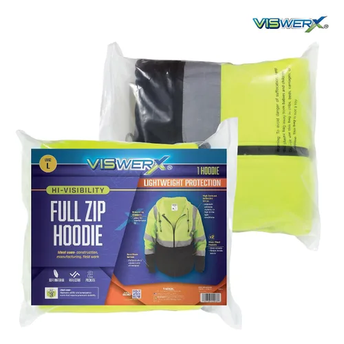 Vista 6 de Sudadera con capucha Hi-Vis con cremallera completa – ANSI CL3 – Sudadera reflectante para trabajo, construcción y zonas de alto tráfico, sudadera