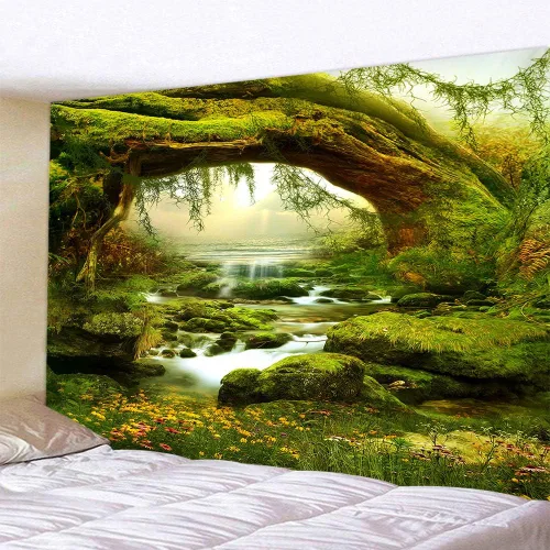 Vista 3 de Llamazing - Tapiz de paisaje forestal para decoración del hogar - Tapiz mágico para sala de estar y dormitorio
