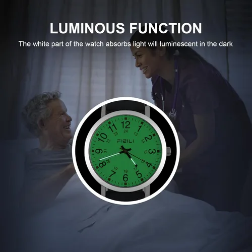 Vista 2 de FIZILI Reloj de enfermera para mujeres, hombres, profesionales médicos, estudiantes, fácil de leer, 24 horas, reloj luminoso con banda de silicona
