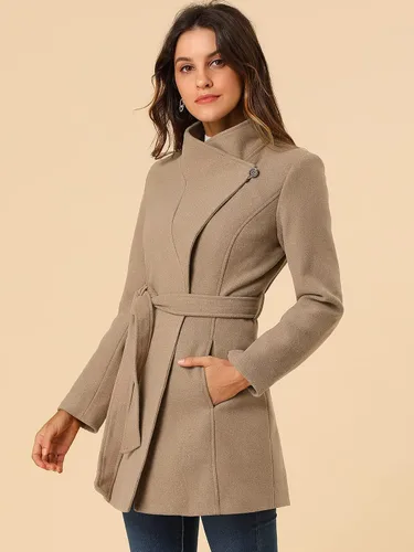 Vista 3 de Allegra K Abrigo largo clásico de invierno con cinturón de manga larga con cuello alto para mujer