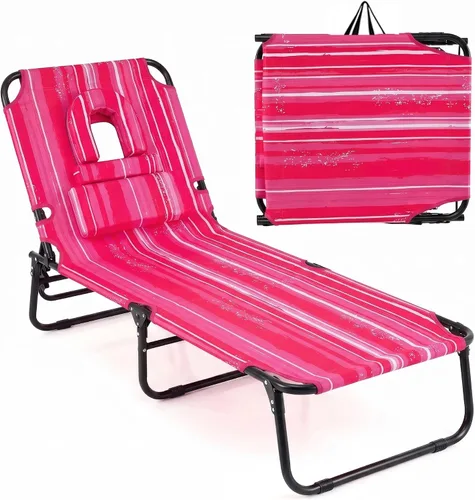 Vista 13 de Goplus Silla bronceadora, silla de playa plegable con orificio para la cara, almohada extraíble, capacidad de 350 libras, correa de transporte