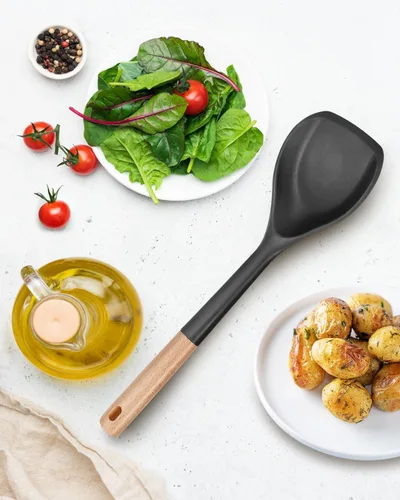 Vista 7 de Espátula de silicona antiadherente, borde flexible antiarañazos para sartenes, mango de madera cómodo antideslizante, resistente al calor, espátulas