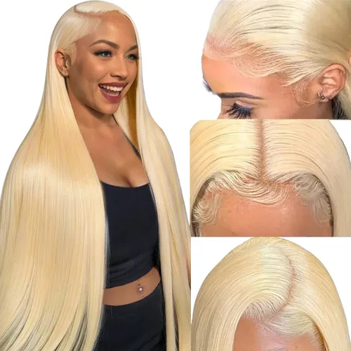Vista 14 de Peluca de cabello humano rubio 613 con ondas profundas, peluca de encaje frontal de 13 x 6 pulgadas, 180 % de densidad, sin pegamento, predepilada