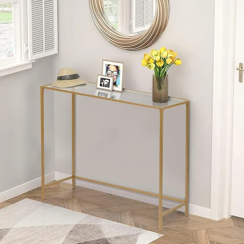 Vista 4 de Ochine Mesa de sofá de vidrio templado, mesa de entrada moderna, mesa de vidrio templado, mesa de sofá delgada detrás del sofá con marco de metal