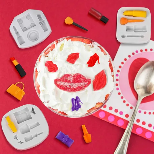 Vista 5 de 7 moldes de silicona para San Valentín, moldes de silicona con temática de maquillaje para pastel, chocolate, beso, lápiz labial, perfume, tacones