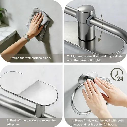 Vista 7 de Toallero autoadhesivo de acero inoxidable para baño, soporte para toallas de mano, sin perforaciones, moderno colgador de toallas de mano