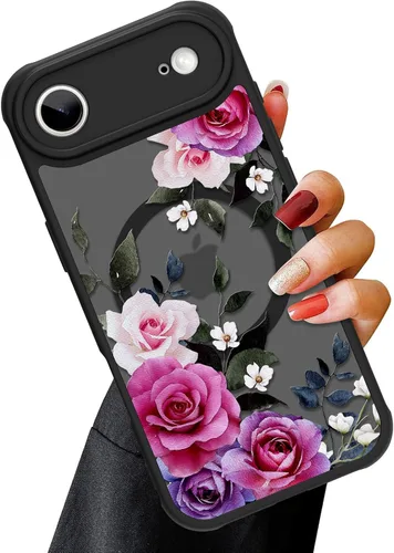 Vista 108 de OOK Funda magnética para iPhone 13 Pro Max [compatible con MagSafe] Funda delgada translúcida mate con flor silvestre negra, protección para lente