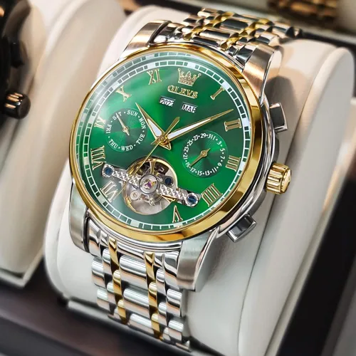 Vista 2 de OLEVS Relojes de cuerda automática para hombre, reloj mecánico automático Tourbillon de acero inoxidable con doble calendario, impermeable, luminoso