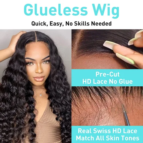 Vista 2 de MENTOR Pelucas de cabello humano sin pegamento, peluca sin pegamento para principiantes, precortadas con encaje frontal, pelucas de onda profunda