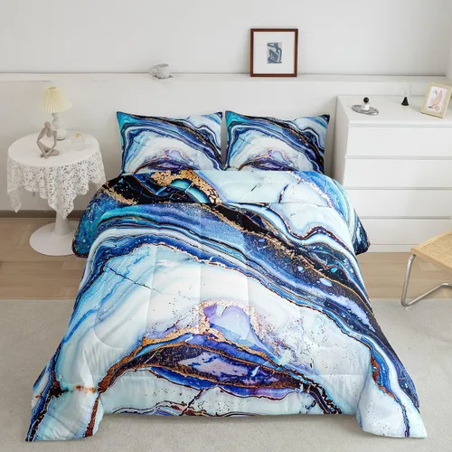 Vista 30 de Feelyou Juego de edredón abstracto para todas las estaciones, juego de ropa de cama negro y azul con 1 funda de almohada con estampado de mármol