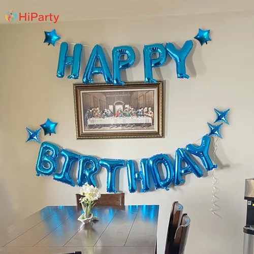 Vista 5 de Globos azules de letras de papel de aluminio de Mylar de 16 pulgadas con 6 globos de estrella, decoraciones de fiesta de feliz cumpleaños