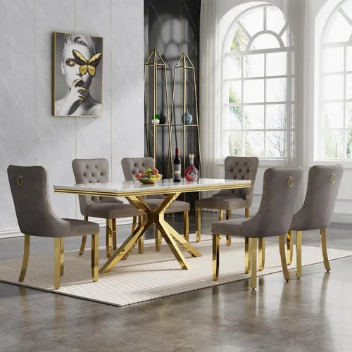 Vista 63 de Juego de 5 mesas de comedor, juego de mesa de cocina y comedor para 4, mesa de cocina rectangular de mármol sintético blanco de 47 pulgadas con base