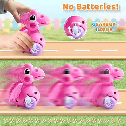 Vista 2 de Beestech Juguetes de dinosaurio de cuerda para niñas de 3, 4, 5, 6 años Suministros de fiesta de cumpleaños de dinosaurios, con mochila