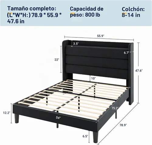 Vista 2 de Allewie Estructura de Cama Tapizada Tamaño Full con Estación de Carga y Cabecera con Almacenamiento, Cama Plataforma de Terciopelo Suave