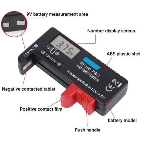 Vista 3 de Walfront BT‑168PRO - Comprobador de batería para pilas de botón (batería de 1,2 ~ 4,8 V, 9 V, pantalla LCD digital)