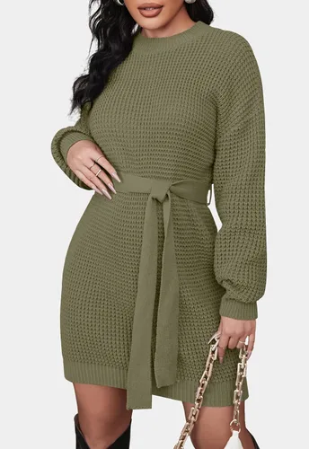 Vista 2 de ZESICA - Vestido de tejido de punto gofre con lazo en la cintura y manga larga para mujer estilo túnica de un solo color sin botones
