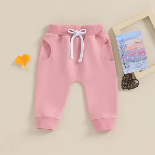 Vista 2 de Pantalones deportivos para bebé y niña, pantalones de harén sólidos, pantalones deportivos unisex con cordón en la cintura para otoño