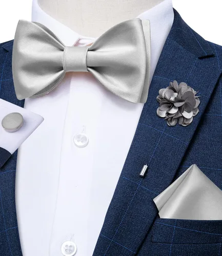 Vista 2 de DiBanGu Solid Color Bow Ties Set for Men Formal Satin Self Tied Bow Tie Lapel Pin Pocket Square Cufflinks Wedding Party