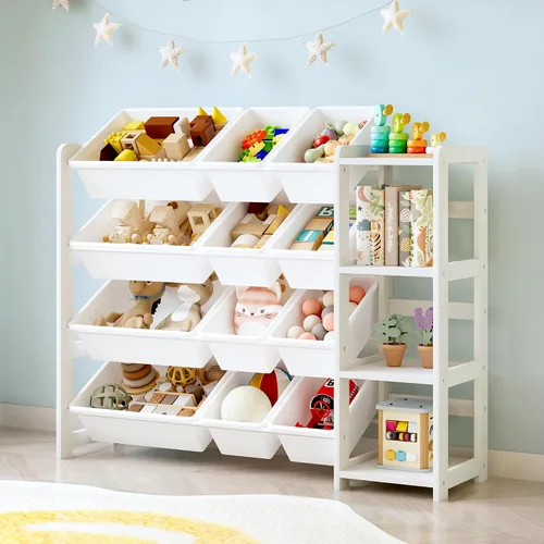 Vista 10 de MallBest Organizador de almacenamiento de madera con estantería, estante de madera de pino maciza con 12 contenedores extraíbles y estante lateral