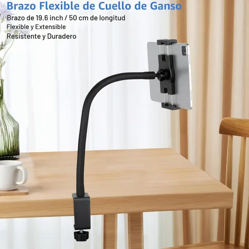 Vista 3 de Soporte para iPad de cuello de cisne, soporte de abrazadera para tableta, escritorio, mesa, cama, silla, atril, brazo ajustable de 360° para cocina