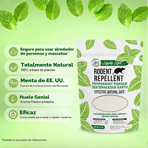 Vista 2 de Mighty Mint Control de plagas repelente de roedores, polvo de plagas de menta de tierra de diatomeas, 1 libra