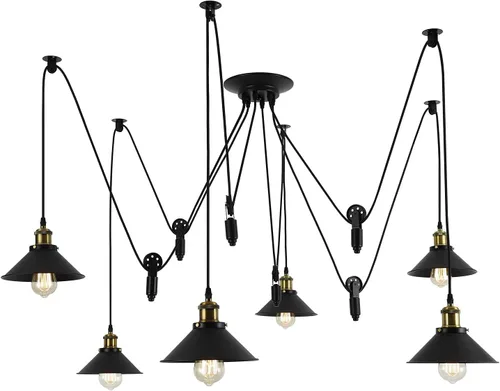 Vista 8 de Iluminación colgante industrial de 5 cabezales, lámpara de techo ajustable de estilo vintage de araña semiempotrada, candelabro rústico Edison