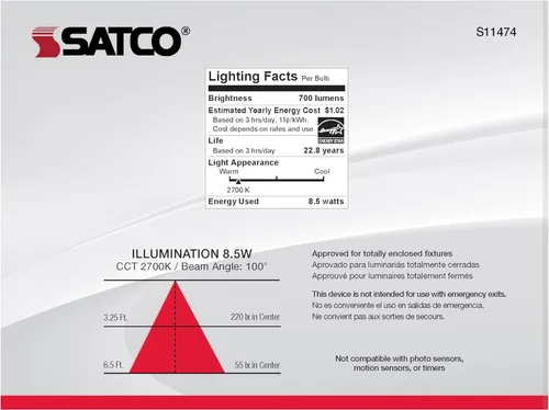Vista 4 de Satco S11474 Lámparas reflectoras LED BR30, reemplazo de 65 W, blanco, 8.5 vatios, paquete de 6