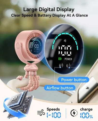Vista 7 de Ventilador portátil para cochecito, rotación de 360°, 17 horas de Rosa