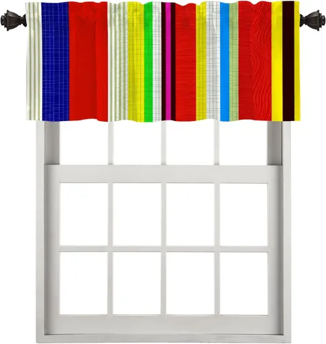 Vista 107 de Cortinas de cocina de hojas de arce otoñales para ventanas, hojas verdes y rojas sobre cenefas opacas negras, tratamientos de ventana de poliéster