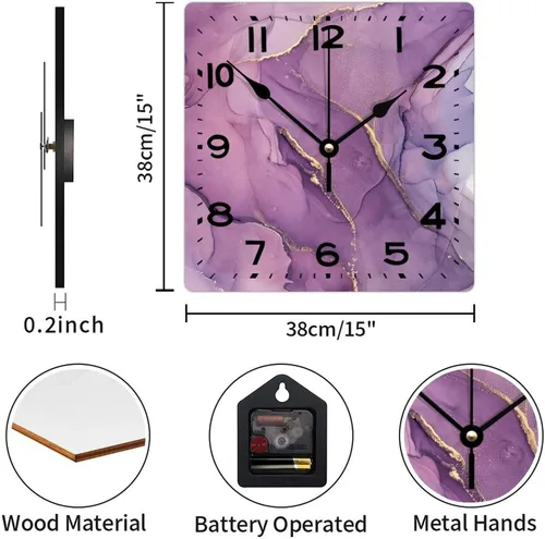 Vista 2 de Reloj de pared de madera de 15 pulgadas, funciona con pilas, digital morado y dorado con textura de purpurina cuadrada, reloj de pared