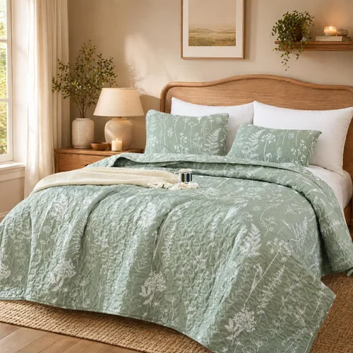Vista 22 de JANZAA Juego de colcha tamaño Queen de 3 piezas con patrón floral, de microfibra ligera, ropa de cama reversible, 1 colcha y 2 fundas de almohada