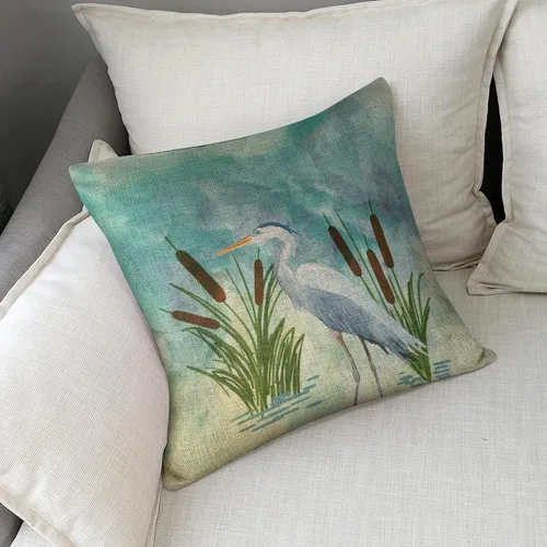 Vista 6 de Fundas de almohada decorativas de 18 x 18 pulgadas, acuarela azul garza cuadrada de lino, funda de cojín para sofá