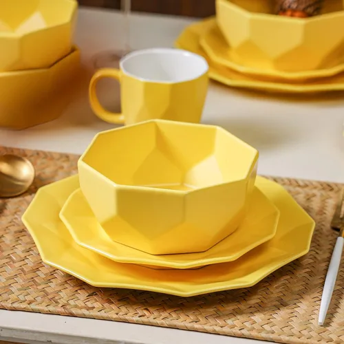 Vista 9 de Stone + Lain Jamie - Juego de vajilla geométrica de porcelana de 16 piezas, color verde Amarillo