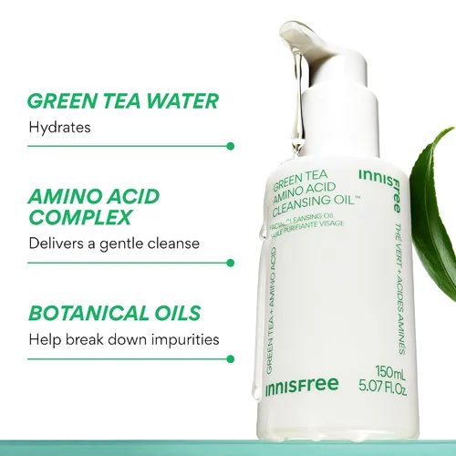 Vista 3 de innisfree Aceite limpiador de aminoácidos de té verde, lavado facial coreano hidratante con jojoba, removedor de maquillaje, fórmula de disolución