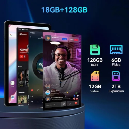 Vista 2 de Tableta 2026 Android 16, tableta de 10.1 pulgadas con pantalla HD, 18 GB de RAM 128 GB ROM /2 TB TF, Gemini AI 2.0, altavoz y cámaras Daul, 6000