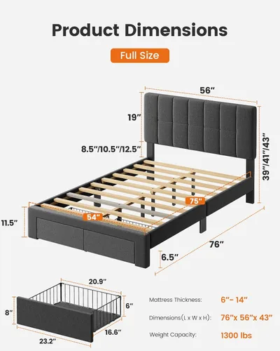 Vista 6 de Pipishell Marco de cama Full con 2 cajones de almacenamiento, 12 patas resistentes, base de cama de madera maciza con cabecera tapizada